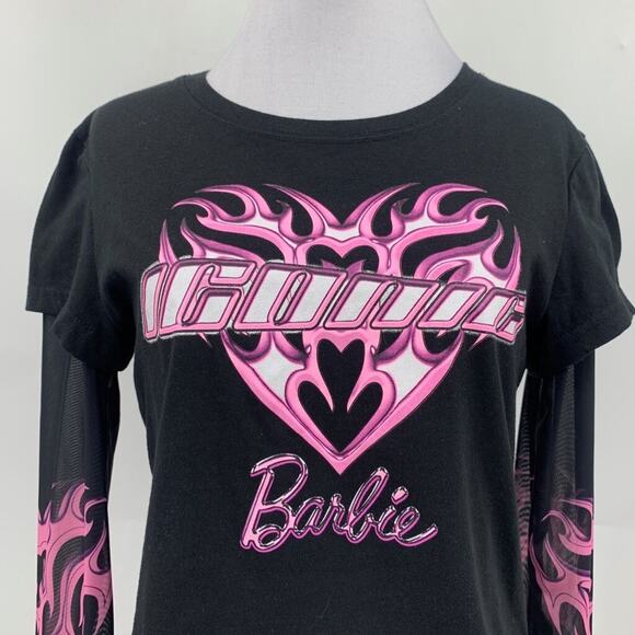Barbie Top Womens L large Black Cropped Logo Mesh Long Sleeve Y2K Layered *READ - Picture 4 of 14
